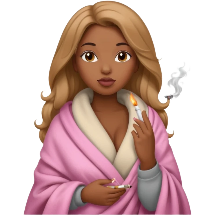Curvy, light brown long hair, pretty black girl light pink lipgloss smoking wrapped in blanket emoji