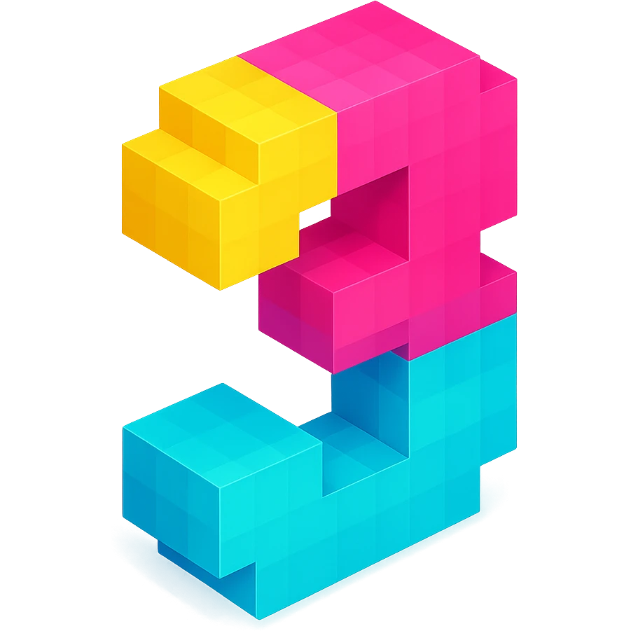number 3 in voxel style with each side a different color emoji