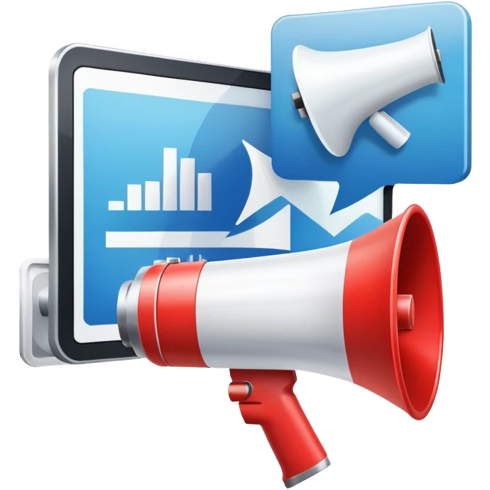 An icon featuring a megaphone, a billboard, and social media icons, symbolizing advertising and public relations. The design includes a press release and a rising graph, representing brand promotion and communication strategies. Transparent background highlights media influence and outreach. emoji