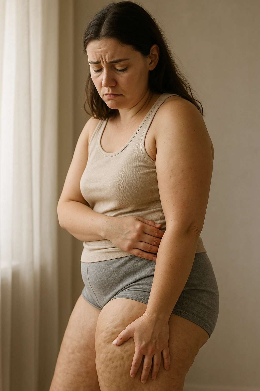 Donna con tanti inestetismi infelice sul corpo sempre riferite alla cellulite emoji