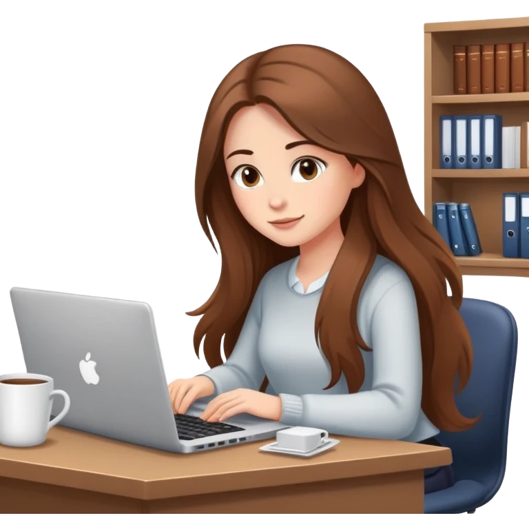 Girl with long brown hair doing bookkeeping at a laptop with a cozy mug beside her officecore elegant emoji