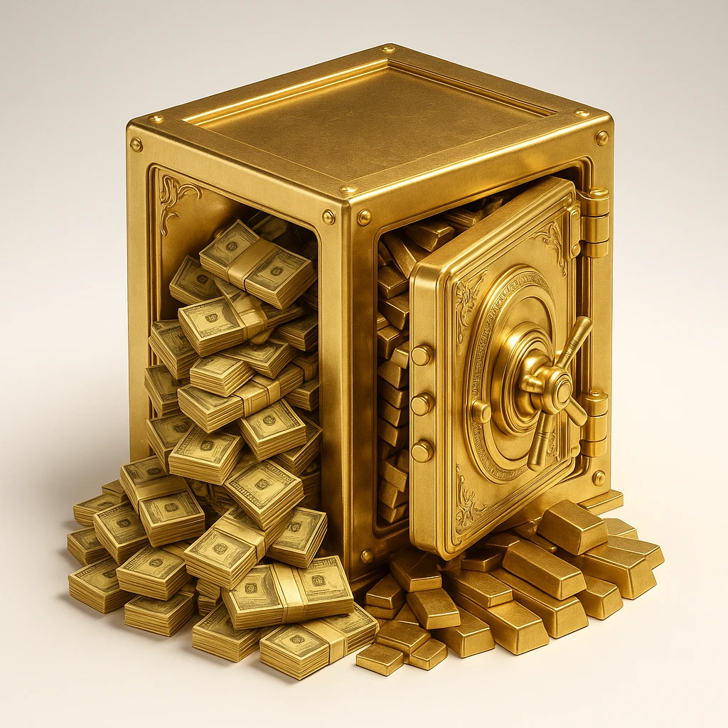 a golden vault overflowing with cash and gold, symbolizing extreme wealth emoji