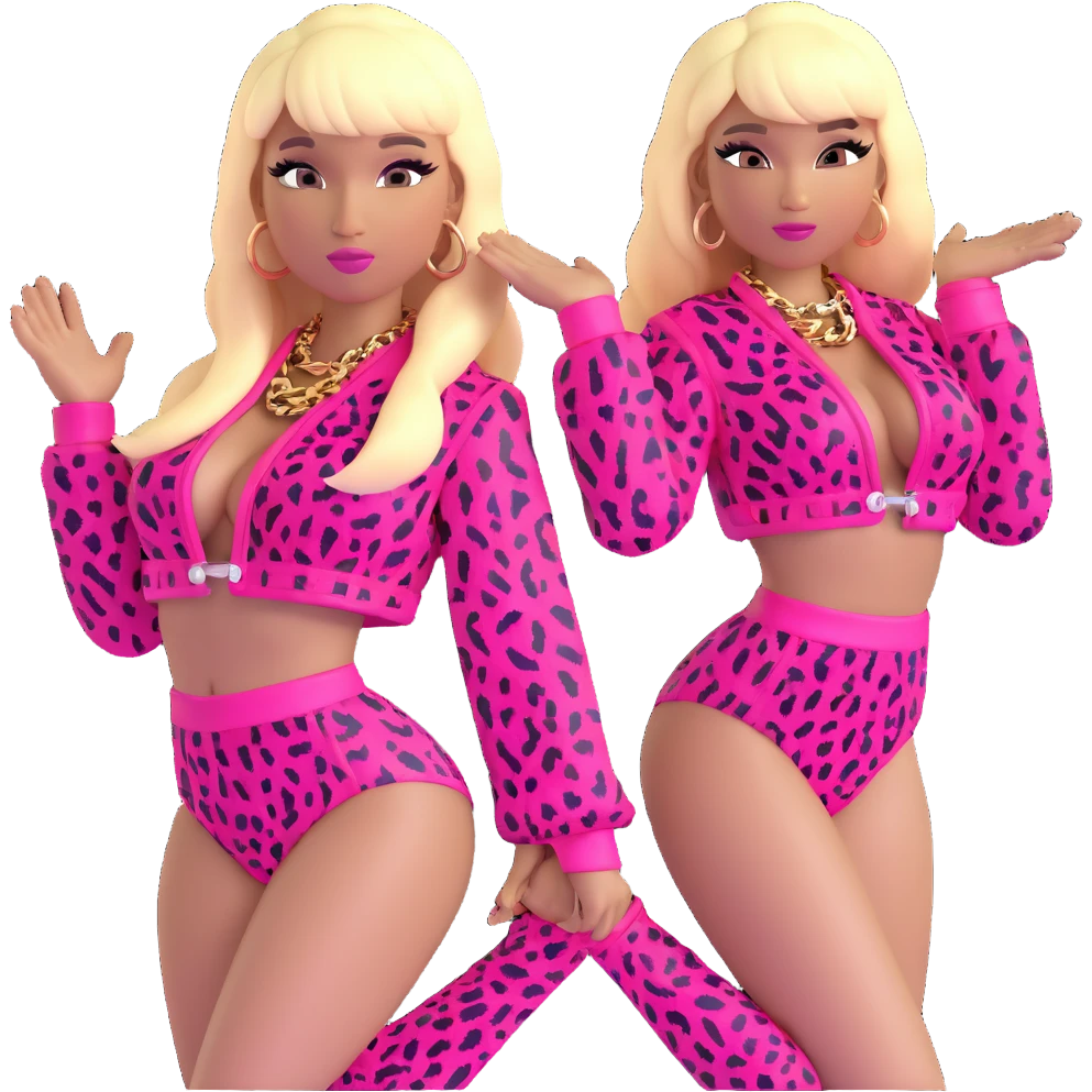 Nicki Minaj wearing pink and white leopard print Super Bass outfit with bangs and split-dyed hair blonde on left side pink on right side emoji