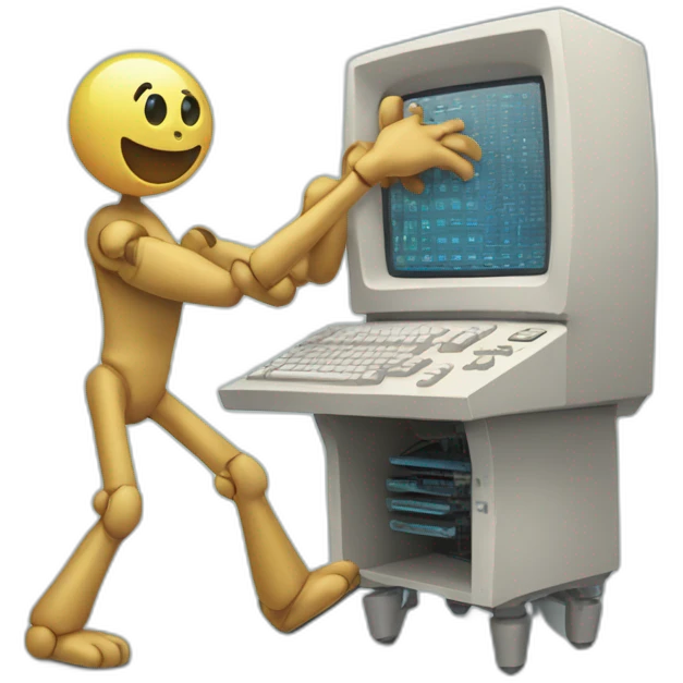 Anthropomorphic computer with arms and legs doing something random emoji