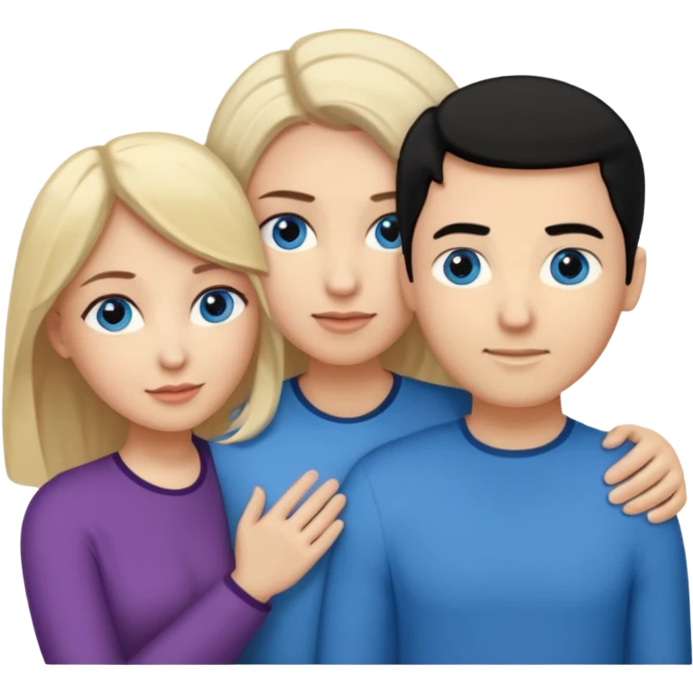 3 people. Throuple. Blank woman with blond hair and blue eye color on left. And also a blank man with black hair and grey eye color in the middle. And a blank woman with brown hair and grey eye color on the right. Holding each other  emoji