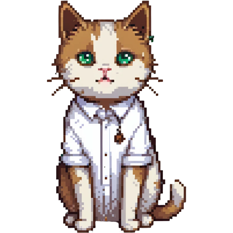 pixel art of a cat looking embarrassed, white shirt, visible brown poo mark emoji