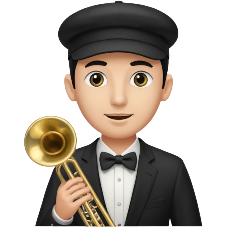 Un señor tocando el trombón (viendo hacia arriba, con los ojos cerrados), que tenga una gorra de béisbol negra de LOS ANGELES (LA), vestido todo de negro emoji