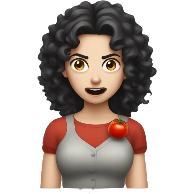angry pale girl dark curly hair throwing a tomato  emoji