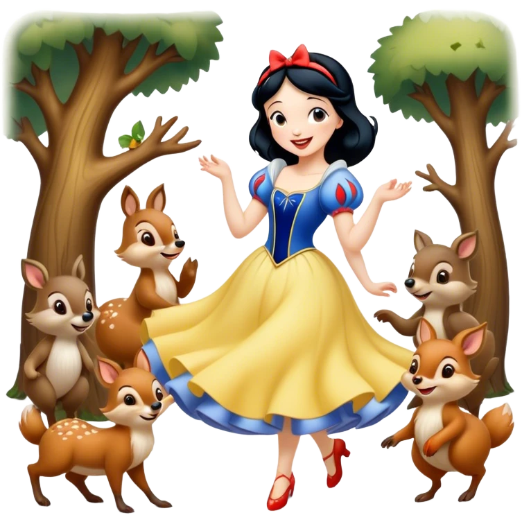 Cinematic Playful Snow White Portrait Emoji, Laughing while dancing with woodland animals, dress twirling gracefully, a whimsical sparkle in her eye, radiating charm and pure delight! emoji