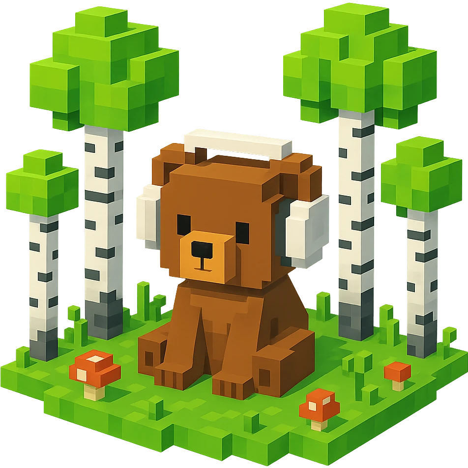 березовый лес, в котором сидит бурый медвежонок в белых наушниках (наушники должны закрывать уши медведя), no background  emoji