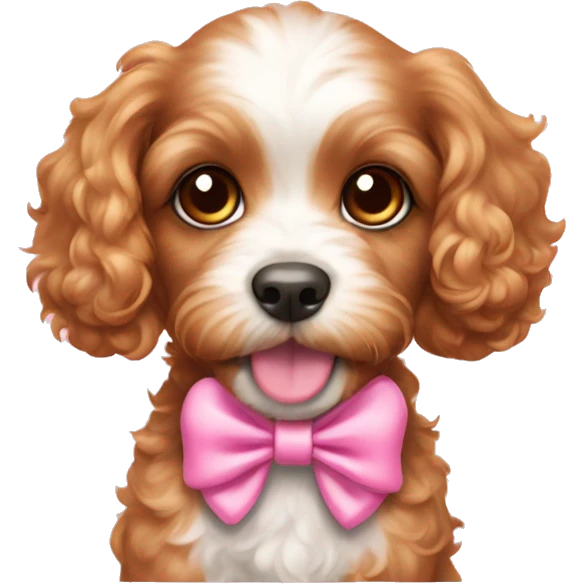 Cavapoo puppy with a pink bow on each ear emoji