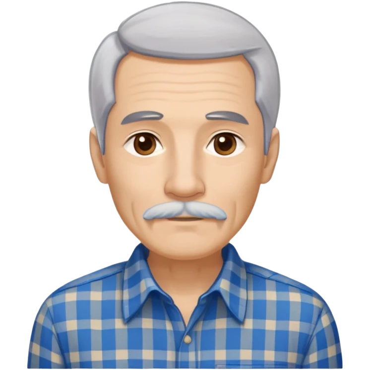 Thin older Hispanic man with light complexion. Elongated slim face with wise expression. Relaxed brown eyes. Straight fine gray-white hair with soft fringe. White mustache connected to chin beard. Lean physique. Wearing a beige and blue plaid long-sleeved shirt. emoji