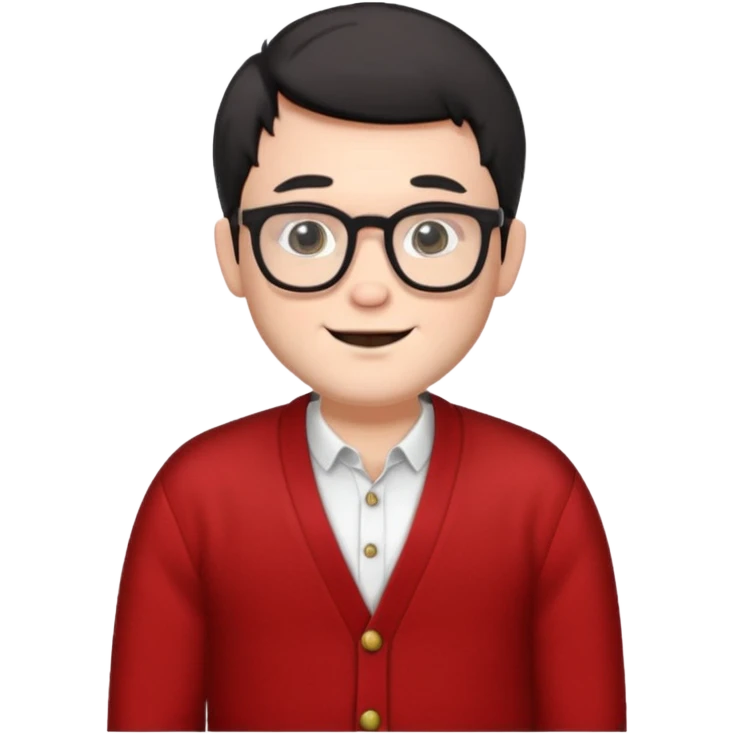 white man wearing glasses, black short hair dressed as hipster Santa in a cardigan, cute smile emoji