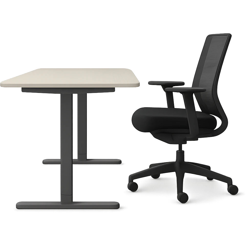an office table and chair facing sideways, no person, clean and modern design emoji