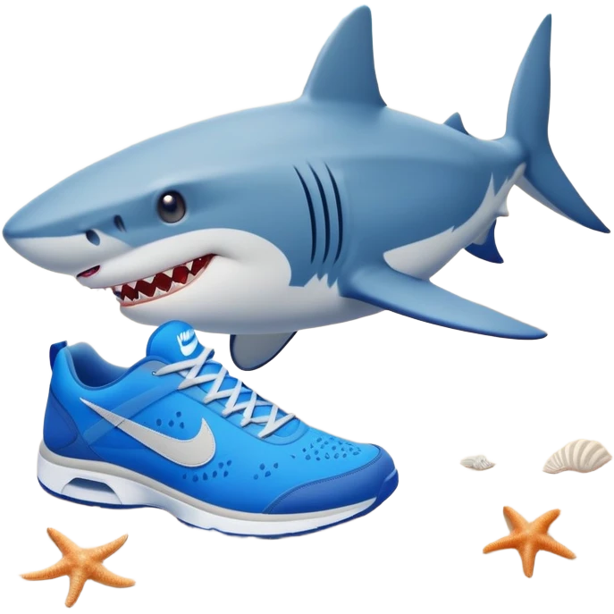 A shark with blue nike shoes on the beach emoji