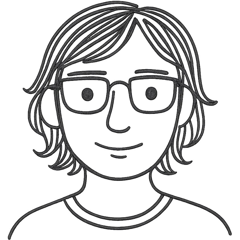 a dark-haired guy with hair to his earlobes, square glasses, brown eyes emoji