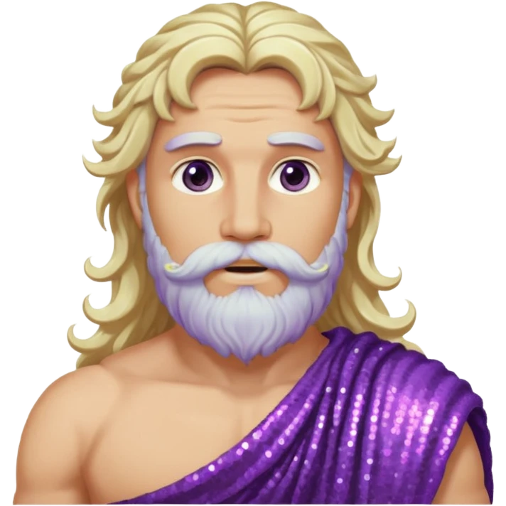 Jupiter, God of Sky from Roman Deities with long white blonde wavy hair and beard, purple sequin toga emoji
