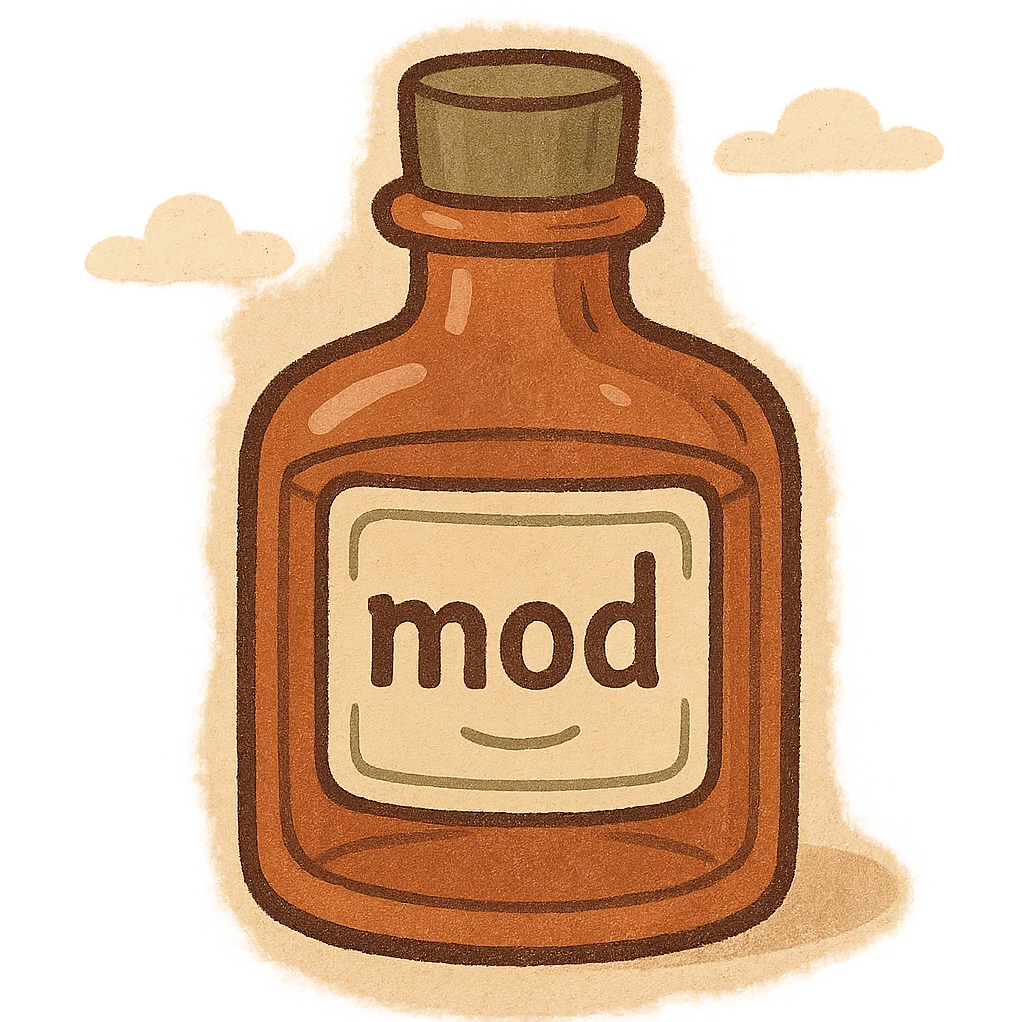 stylish elixir bottle with a label clearly showing the text 'mod', modern design emoji
