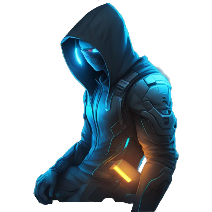 developer behind his laptop with this style : crysis Cyberpunk Riot Games Valorant neon glowing bright blue character blue black hooded assassin themed character emoji