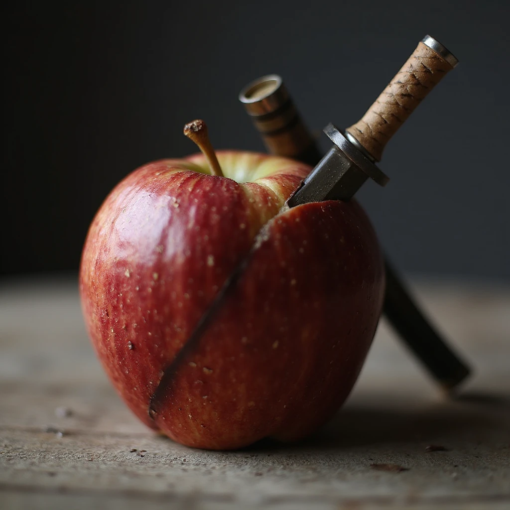 an apple with a katana, photorealistic style emoji