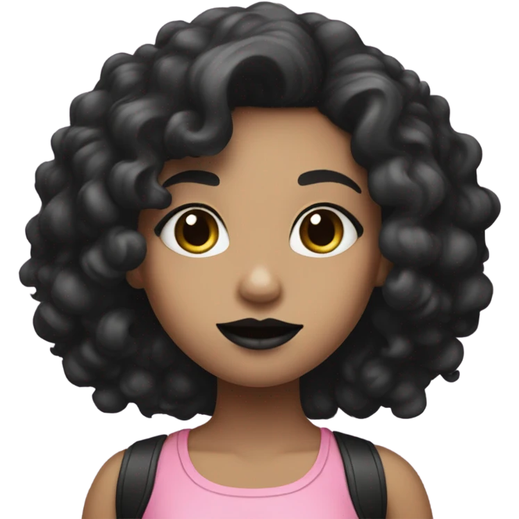 white skin girl has black curly hair with black lipstick and pink top emoji