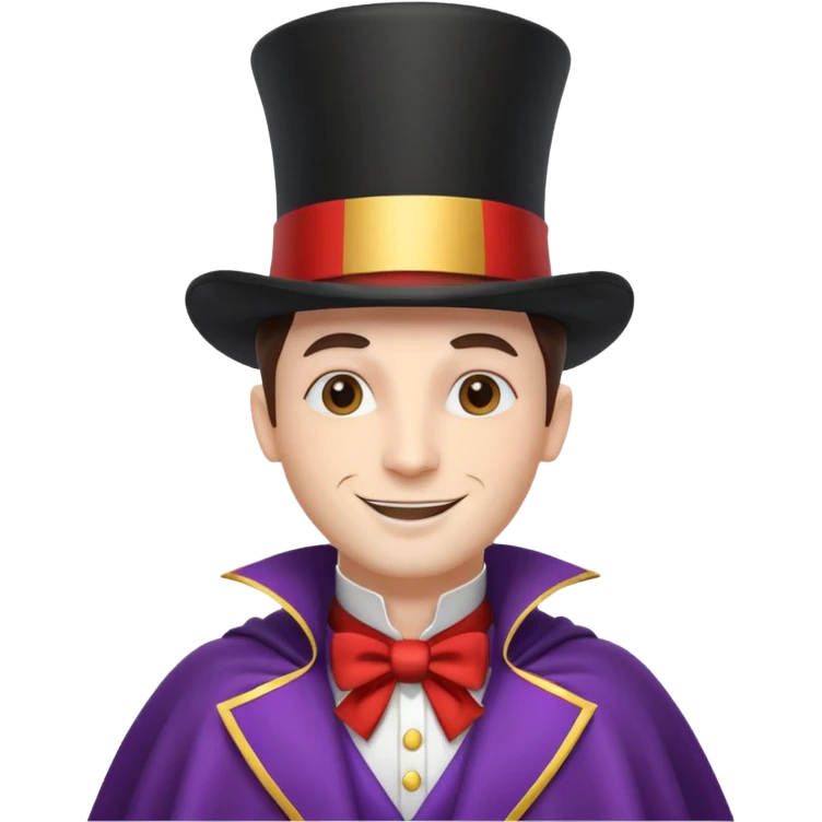 circus magician portrait, head and shoulders only, top hat, cape collar, confident smile, magical vibe, 3D cartoon, mobile game icon style, clean background, no text, no watermark
 emoji