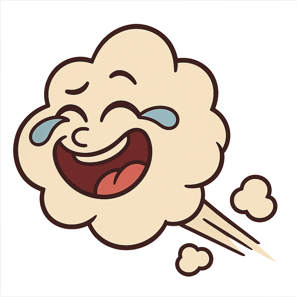 a stylized fart puff with a face laughing so hard it has tears, fun and lighthearted emoji