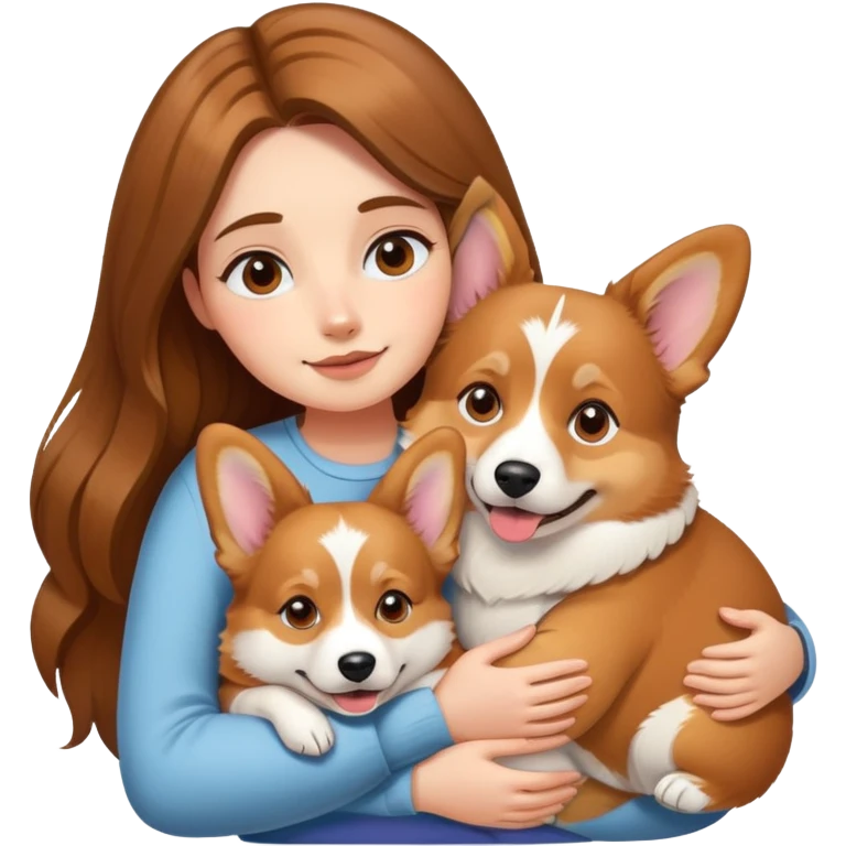 Girl with long brown hair hugs a corgi dog emoji