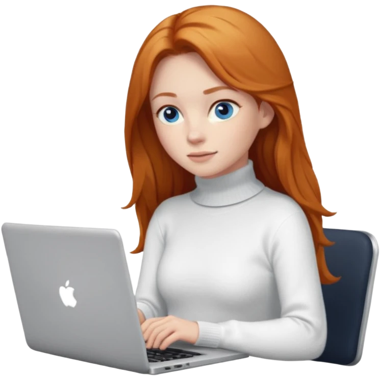 ginger girl with long hair and blue eyes in turtle neck white sweater working on a laptop emoji