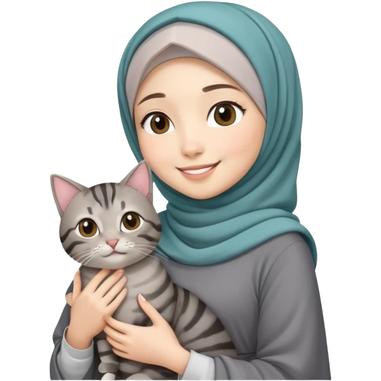 Asian white girl wearing hijab with dress holding a black grey tabby cat while smiling emoji