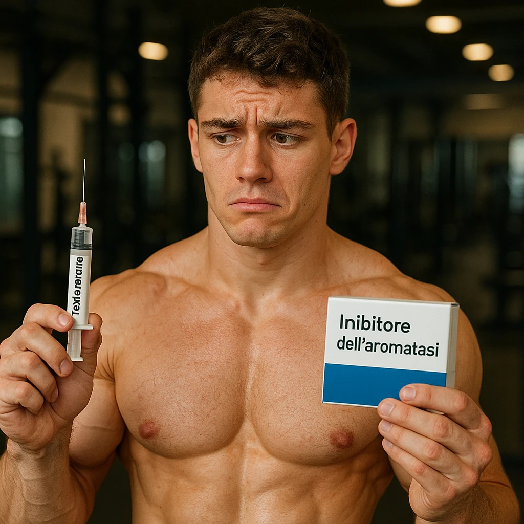 young athlete with swollen muscles but marked skin holding a syringe labeled 'Testosterone' and a box labeled 'Inibitore dell'aromatasi', all text in Italian, doubtful look, gym background, 4K quality emoji