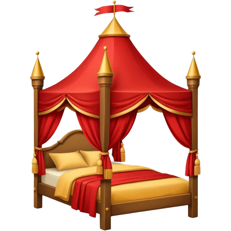 bed with red and gold sheets, wooden, canopy, simple, castle like emoji