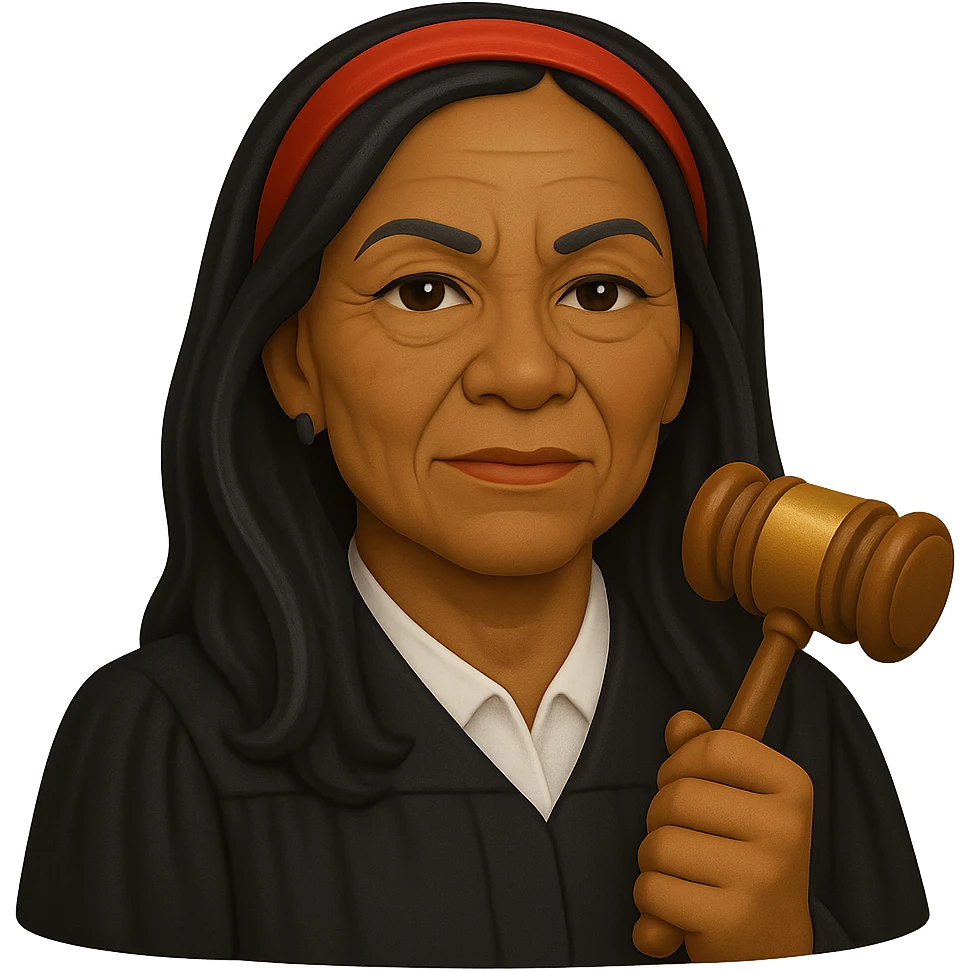 Make the Black woman lawyer look older, with gentle wrinkles and a mature, assertive look. Keep the long black hair, red headband, and strong, sharp personality. Render in emoji style with transparent background. emoji