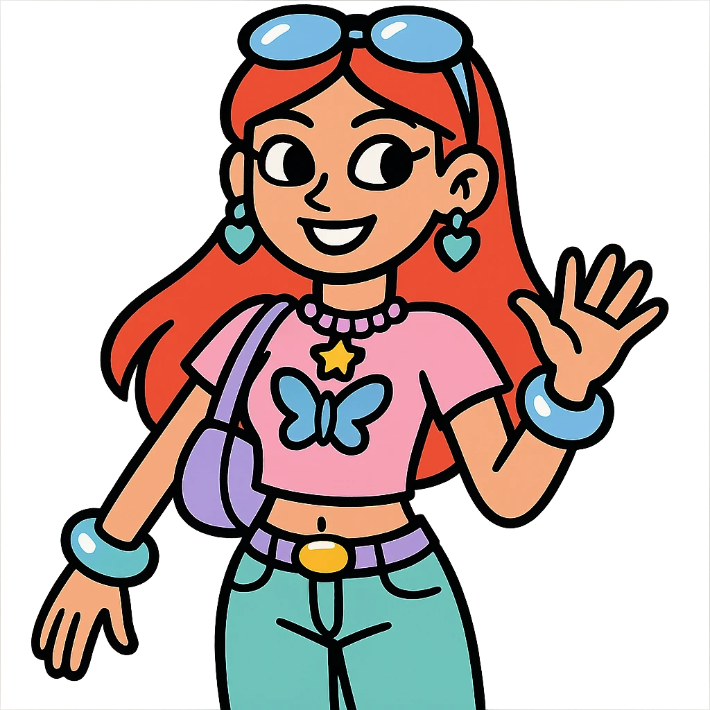 Y2K style girl with red hair, shiny accessories, pastel colors emoji