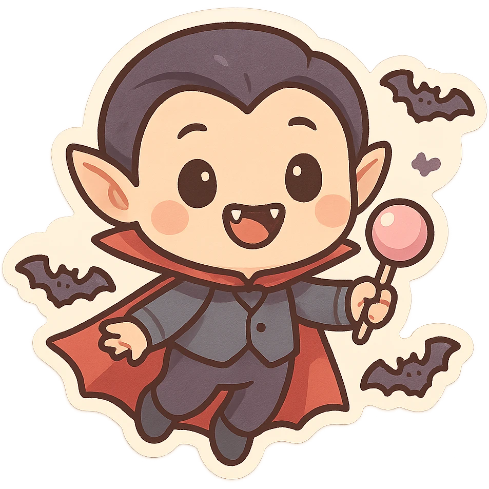 chibi vampire, pastel palette, tiny fangs, cute cape, big eyes, playful expression, floating, holding a lollipop, surrounded by tiny bats emoji