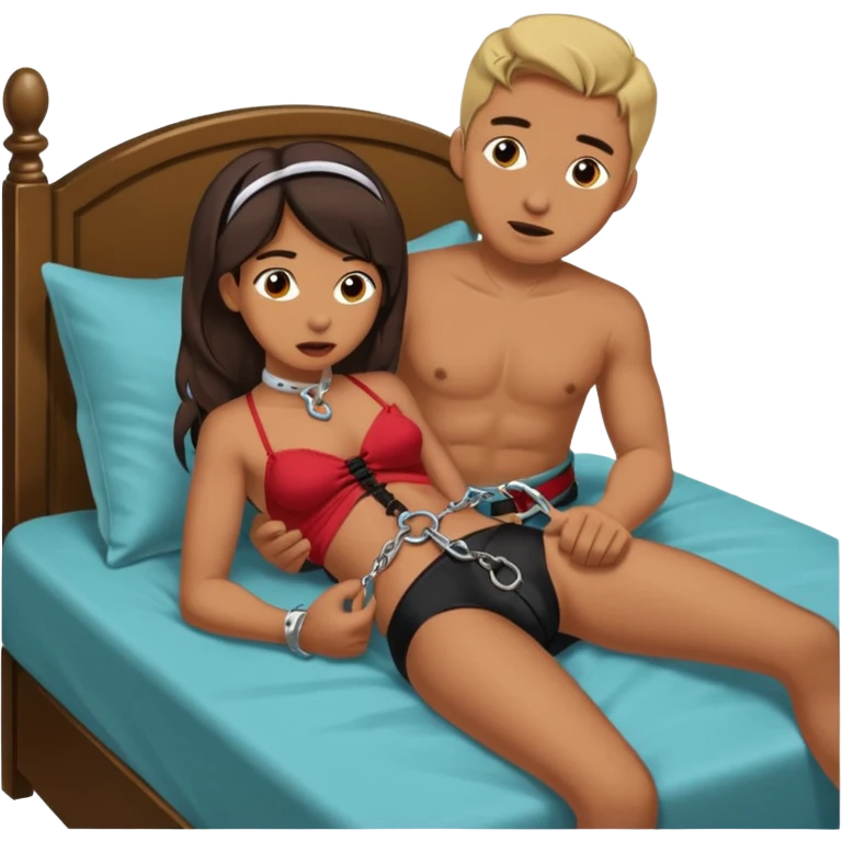 Male submissive in a gag and chastity being pegged by a Hispanic femdom while tied down to a bed. emoji