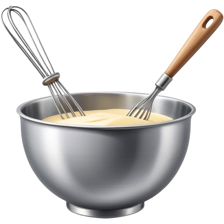 Cinematic Realistic Whisk & Mixing Bowl, a well-used metal whisk resting in a smooth ceramic mixing bowl, light reflecting off the whisk’s polished surface, subtle smears of batter along the rim, glowing with a sense of warmth and creativity. emoji