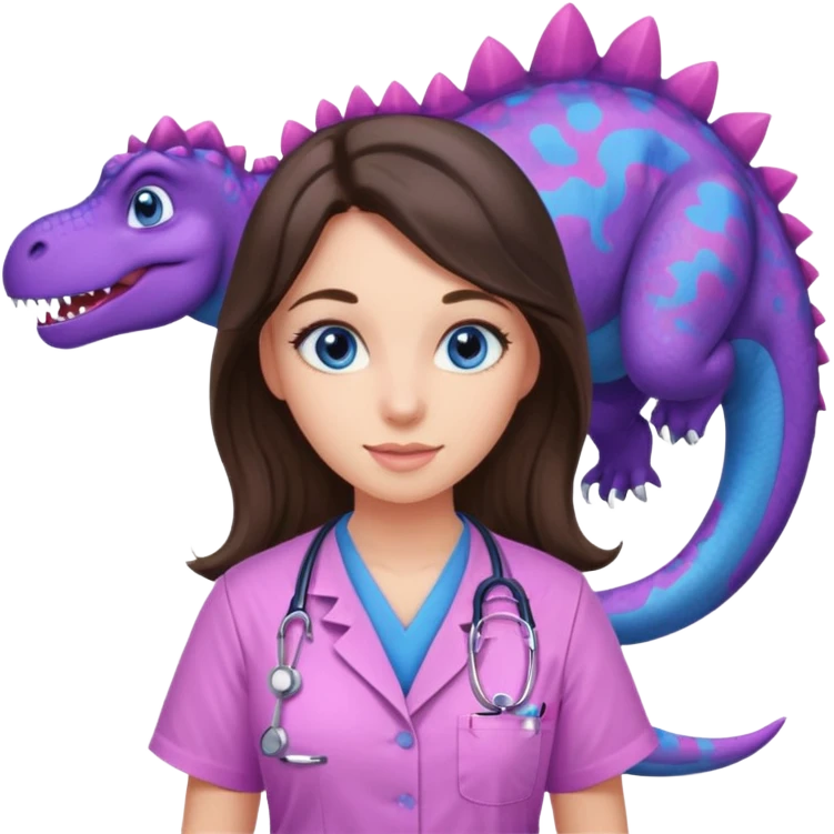 pretty brunette nurse with long hair and blue eyes in pink and purple dinosaur pattern scrubs emoji