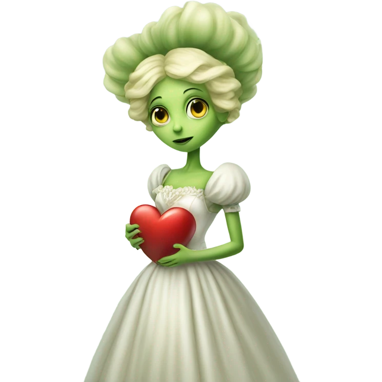 "galora green blonde alien woman" in white Victorian dress elegant, full body holdig big hearth emoji