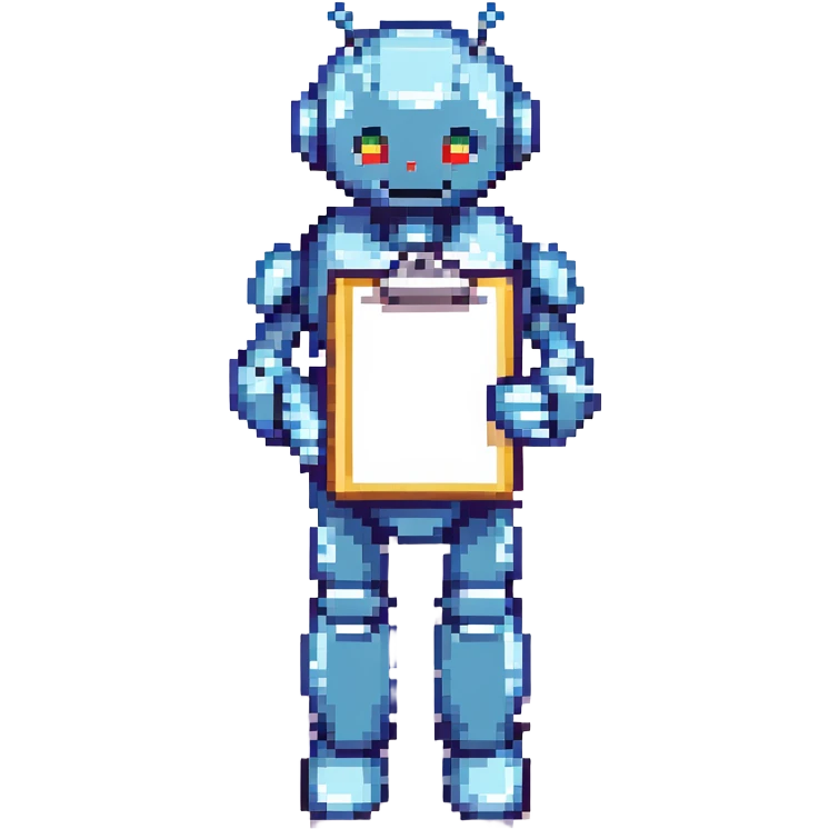 cute metallic recruiter robot holding a clipboard, 8-bit pixel art style emoji