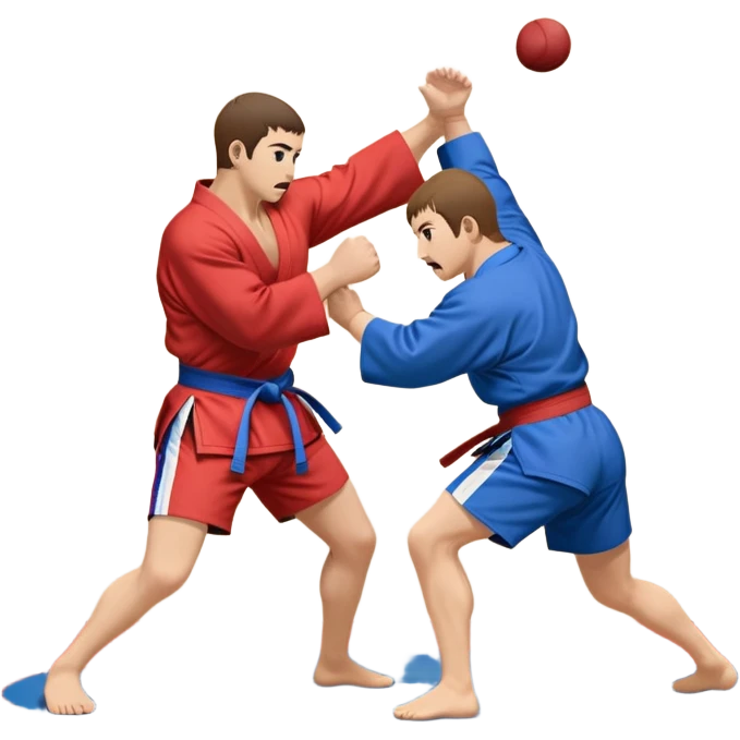 An icon symbolizing Sambo, featuring two fighters in blue and red kimonos with shorts. One executes a powerful throw, while the other attempts a defensive grab. The fighters are engaged in a grapple, using joint locks and sweeps. The background features a wrestling mat/ emoji