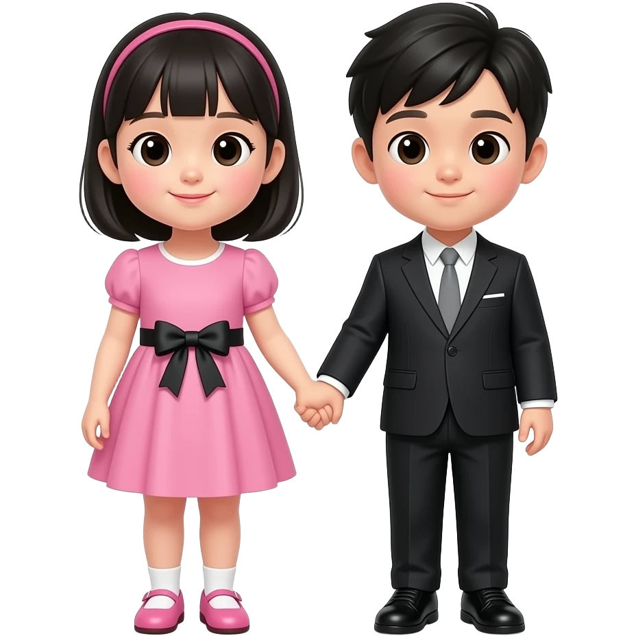 한국인 남매(7세 누나와 3세 남동생)가 손잡고 정면을 바라보고있어. 누나키가 훨씬 크지. 동생은 누나의 팔꿈치까지의 신장이야. 둘다 상꺼풀이 없고, 누나는 분홍 원피스에 검정리본이 장식되어 있는 원피스를 입고 분홍구두를 신고있어. 머리는 검정색 가슴기장으로 묶지 않고 있어. 오른쪽 남동생은 검정 정장을 입고 회색 나비넥타이를 매고 있고 검정 구두를 신고 있어. emoji