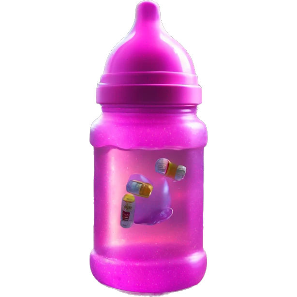 A pink baby bottle with purple sparkly liquid with ice, labeled "GOOGOO ZAZA" floating and pills left by trash in apartment with floor to ceiling windows in sci-fi city streets, dark, neon, ultra realistic, glossy, after rain, sunshine, vhs emoji