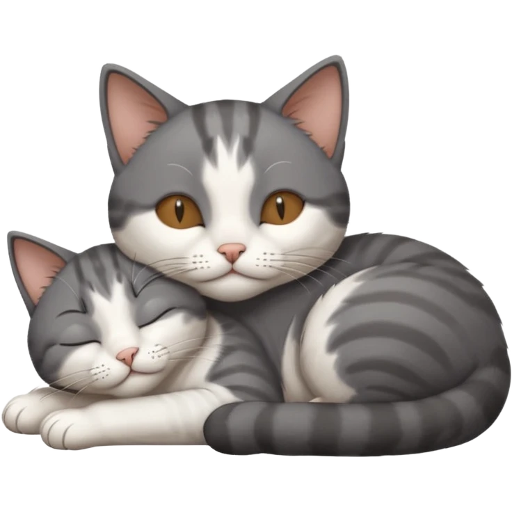 dark grey and white small cat with its eyes closed lying down leaning on its elbow with its paw curled under its head holding it up emoji
