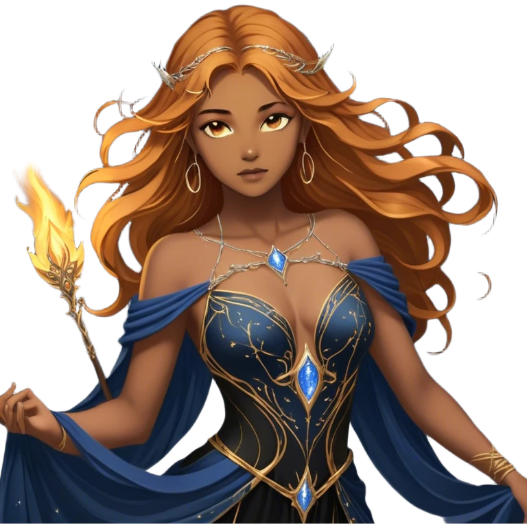 A fierce yet ethereal female High Fae with golden-brown hair cascading down her back, streaked with hints of sunlit gold. Her sharp, striking blue-gray eyes hold an unyielding fire. She wears a flowing black gown with constellations embroidered in silver thread, draping elegantly over her graceful frame. Her delicate hands bear golden tattoos, symbols of ancient magic binding her fate emoji