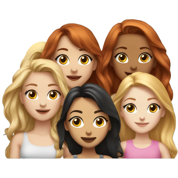 Hyper realistic Group of 5 beautiful girls. Girl 1- brown hair. Girl 2- black hair. Girl 3- redhead. Girl 4- golden hair. Girl 5- light blonde.  emoji