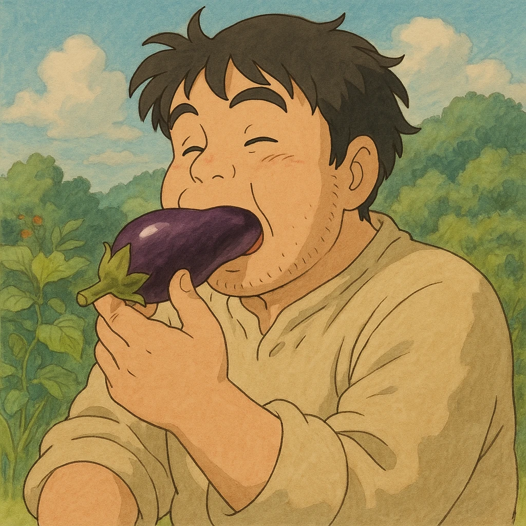 man eating an eggplant emoji