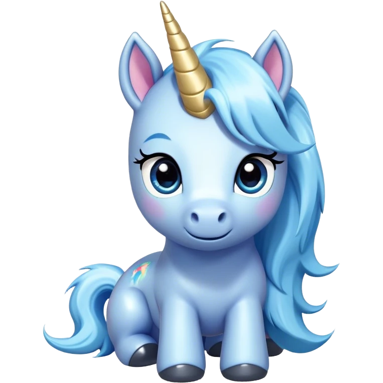"A cute and expressive blue unicorn pony with a white mane and tail, large shiny blue eyes, and a cheerful personality. The character should have a smooth cartoonish style with a vibrant color palette. The pony should be highly expressive, with different emotions such as happiness, excitement, sadness, surprise, anger, and love. Each emote should be designed in a chibi or kawaii art style, with exaggerated facial expressions. The background should be transparent, making the emotes perfect for streaming or chat applications. Keep the lighting soft and shading smooth to maintain a polished and clean look." emoji