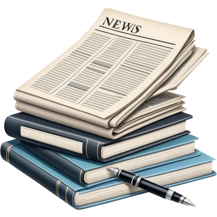 Create an emoji representing journalism and publicistic writing. The design should feature a stack of newspapers as the base, with an open working notebook placed on top of them. A single fountain pen should rest at the very top on the notebook, symbolizing the act of writing. Use neutral, professional colors like black, white, and muted tones to convey a sense of seriousness and intellect. Do not include any emojis or smiley faces. Make the background transparent. emoji
