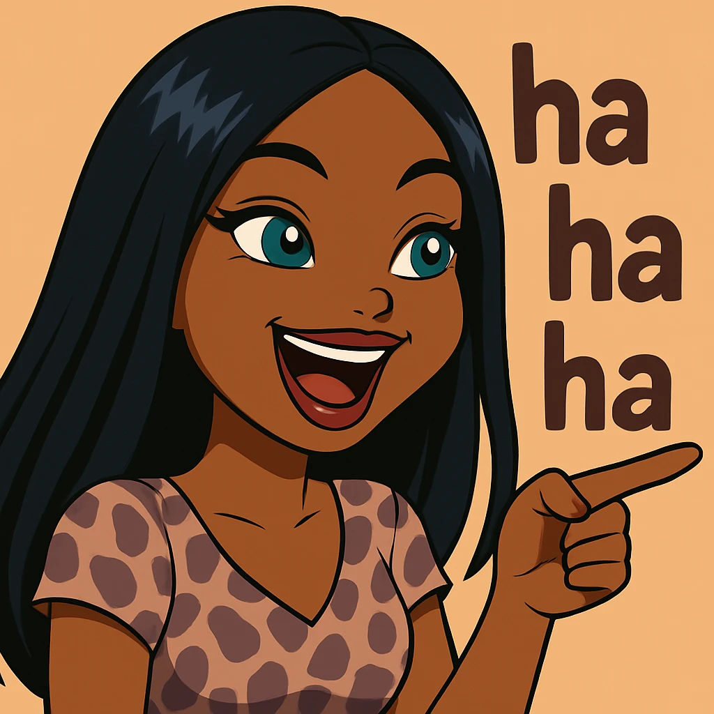 Keep her pointing and laughing with 'ha ha ha' in the background, headshot only, 20-year-old anime Bratz style woman with dark skin, straight hair, more trendy outfit, big expressive eyes, glossy lips, no hat, no tears, happy expression, looking straight ahead. The style should reflect anime Bratz aesthetics with vibrant colors and expressive features. emoji